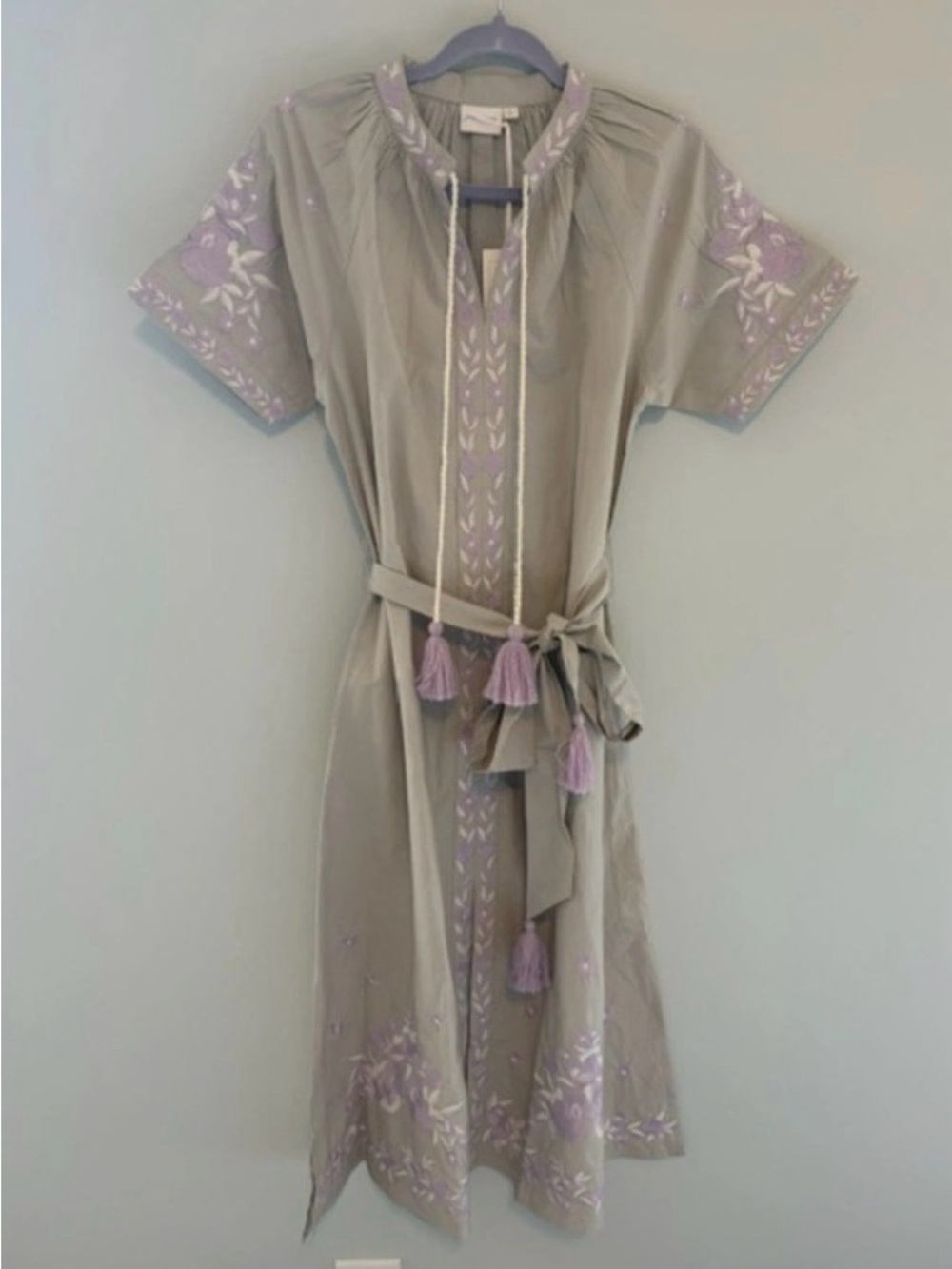 Light green Midi Dress with Lavender Embroidery and Tassel Tie by Julia Amory